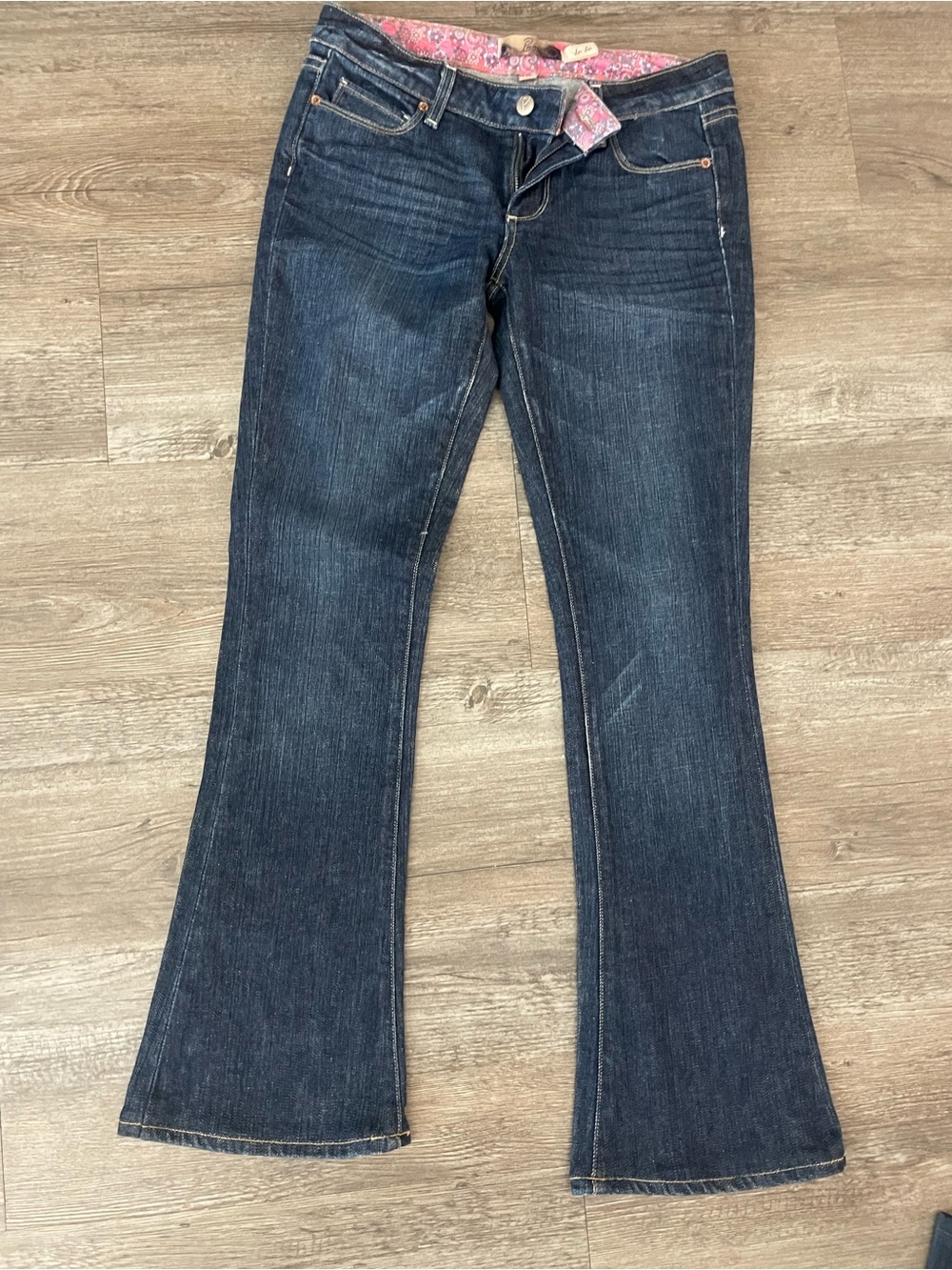 PAIGE Dark Blue Flare Jeans with Pink Waistband Detail